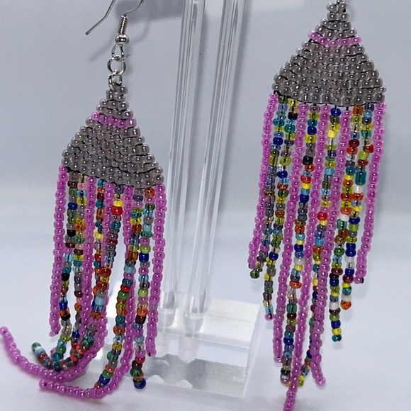 Vibrant Multicolor Beaded Fringe Earrings - Picture 3 of 3